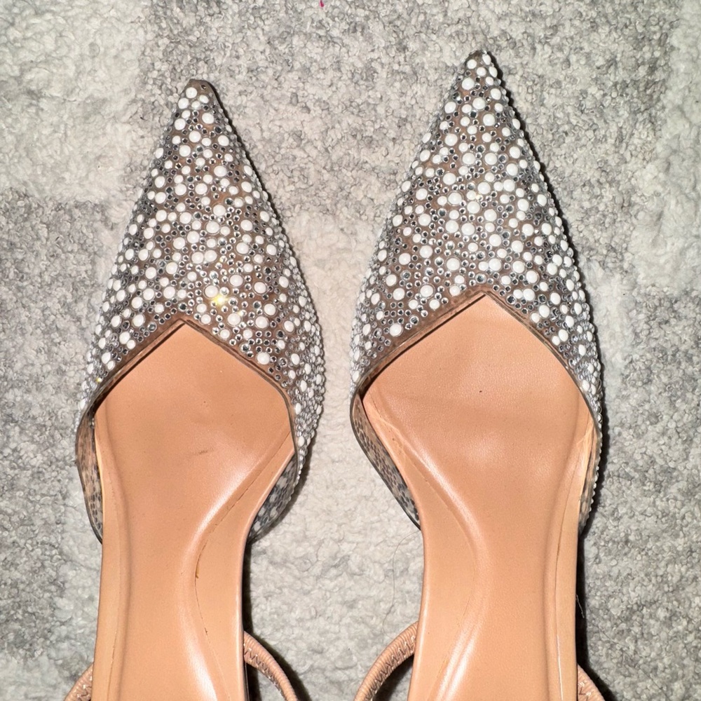 Zara Silver Cream Heels with Crystal Embellishments
